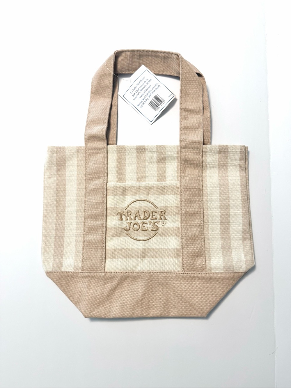 Trader Joe's Mini Canvas Tote Bag in Desert Sand Stripe NWT tan/cream summer 26